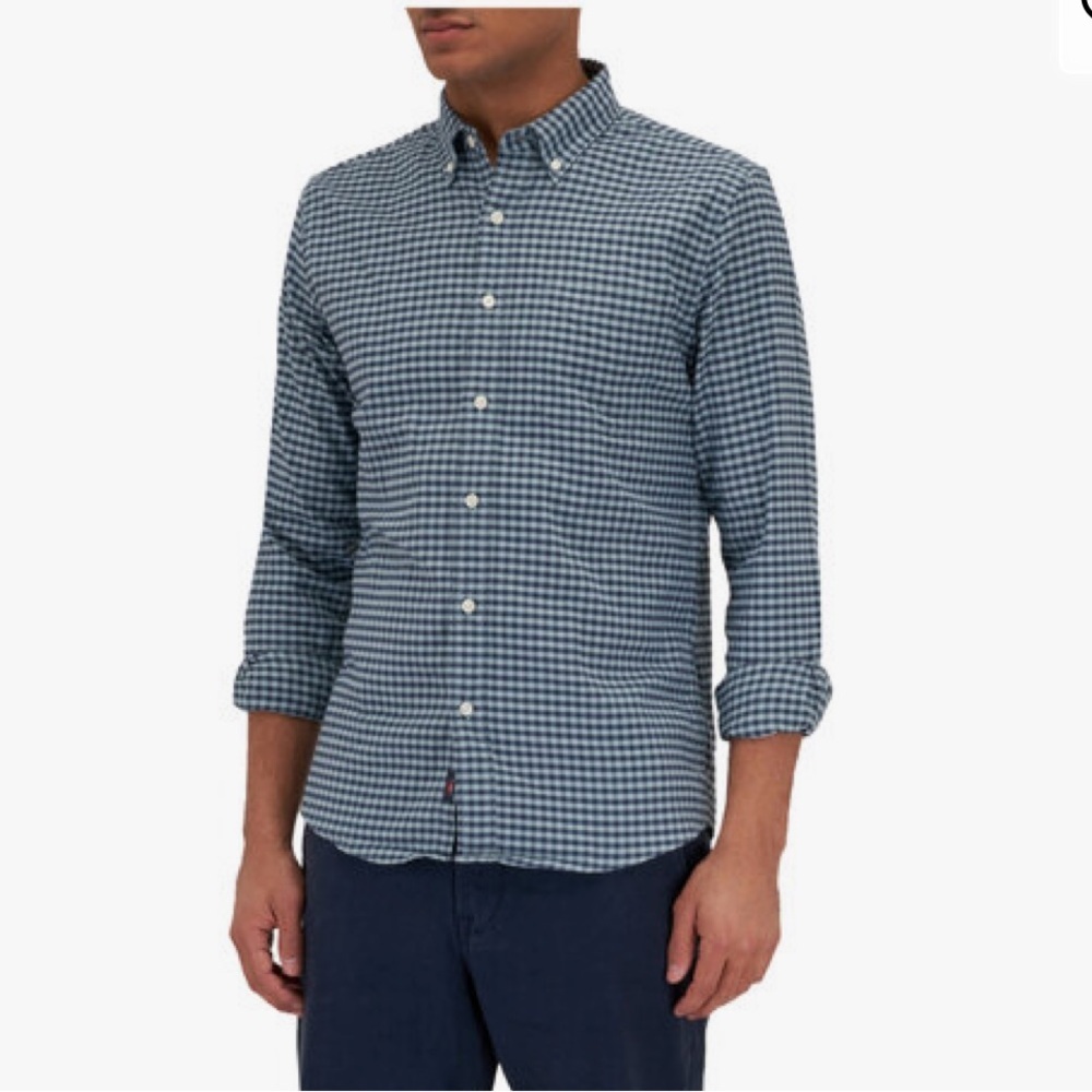 Men's Faherty Ocean Teal Gingham Stretch Oxford Long Sleeve Button Down Shirt L